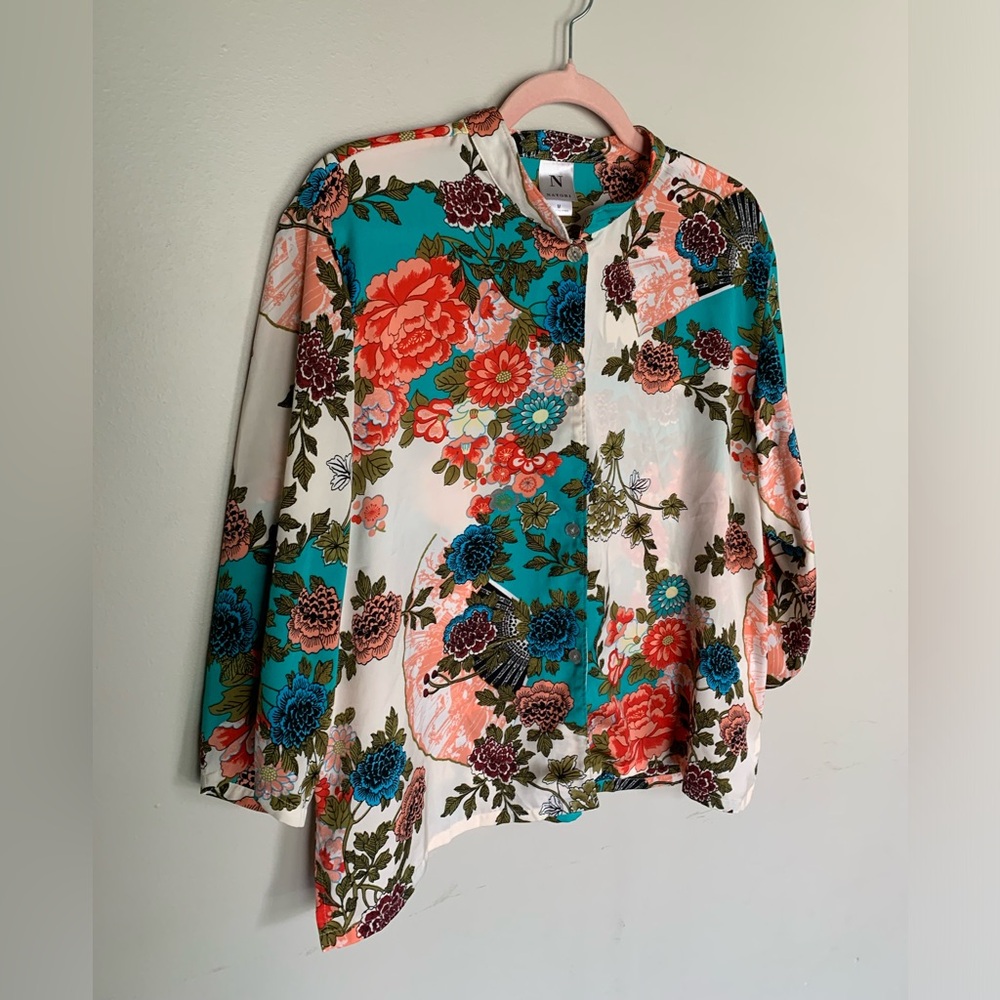 Natori | Satin Button Down Blouse Top Asian Floral M
